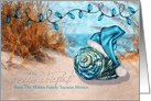 Spanish Felices Fiestas Blue Santa Hat on the Beach Shell card