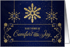 Glad Tidings of Comfort and Joy in Deep Blue and Golden Snowflakes card