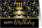 Happy Birthday Gold and Silver Faux Glitter on Black with Cake card