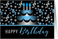 for Him Birthday Cake in Blue and Silver Faux Glitter Look card