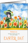 for Girls at Easter Daffodils with Girl in Green Child’s Name card