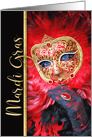 Mardi Gras Party Mask with Red Feathers and Faux Gold Leaf card