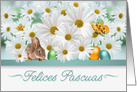 Spanish Easter White Daisy Garden with Easter Bunny and Eggs card