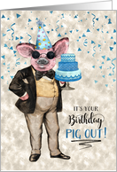 Funny Birthday Pig Out Hipster Pig with a Birthday Cake card