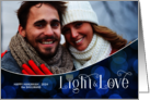 Light and Love Hanukkah Blue Bokeh with Menorah HORZ Photo card