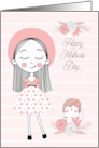 Mother’s Day in Pink Black and White with a Young Girl and Cat card
