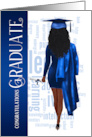 Black Hair Blue Cap and Gown Graduate Congratulations card