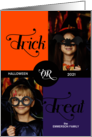 Trick or Treat Cute Halloween Two Photos in Purple and Orange card