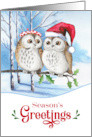 Season’s Greetings Woodland Owl Couple in Snowy Birch Forest card