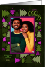 Happy Holidays Sage Green and Purple Christmas Trees with Photo card