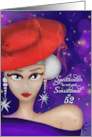 52 and Fabulous and Fashionable in Red with Purple Dress Birthday card