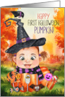 Little Witche’s First Halloween Baby Girl in a Pumpkin with Candy card