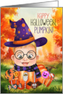Cute Little Wizard Boy Pumpkin for Halloween card