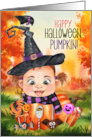 Happy Halloween Pumpkin with Baby Girl Witch and Raven card