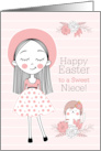 for Niece Easter Girl and Cat in Pink White and Black card