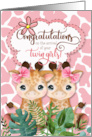 Twin Girls New Baby Congratulations Jungle Giraffe Theme in Pink card