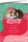 Godparents Request Pink and Sea Green Swirls Photo card