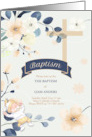 Baptism Invitation Navy Blue and Yellow Blossoms Christian Cross card