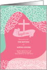 Baptism Invitation Pink and Sea Green Swirls with Cross card