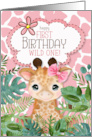 Girl’s 1st Birthday Jungle Giraffe Theme in Pink card