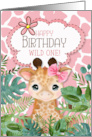 Girl’s Birthday Cute Giraffe in a Pink Bow Jungle Theme card