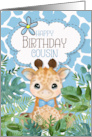 Male Cousin’s Birthday Cute Giraffe Jungle Theme in Blue card