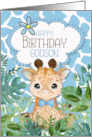 Godson’s Birthday Cute Giraffe Jungle Theme in Blue card