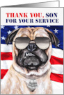 for Son Veterans Day Funny Patriotic Pug Dog with Flag card