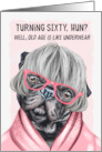 Funny 60th Birthday for Her Pug Dog in Pink Glasses and a Robe card