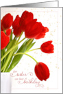 for Sister on her Birthday with Red Tulips in a Vase card