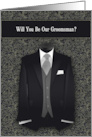 Groomsman Request Tux in Black and Gray with Swirls card