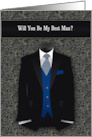 Best Man Request Wedding Black and Blue Suit Tie card