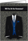 Groomsman Request Wedding Black and Blue Suit Tie card