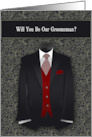 Groomsman Request Wedding Black and Red Suit Tie card