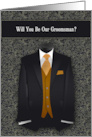 Groomsman Wedding Request Wedding Black and Gold Suit Tie card