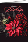 Poinsettia Happy Holidays on Black with Bold Red Berries card