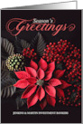 Poinsettia Season’s Greetings on Black with Bold Red Berries Custom card