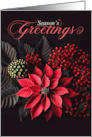 Poinsettia Season’s Greetings on Black with Bold Red Berries card