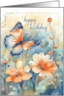 for Her Birthday Butterfly and Flowers Peach and Blue card