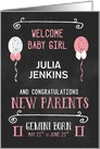 Gemini Baby Girl Congratuations Born May 21st to June 21st Custom card