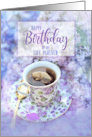 Life Partner Birthday Cup of Tea and Purple Flowers card