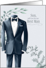 Son Best Man Request Wedding Tux Blue with Eucalyptus card