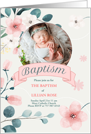 Pink Baptism Invitation for Baby Girl Peach Blossoms Photo card