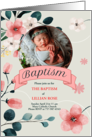 Pink Baptism Invitation for Baby Girl Peach Blossoms Photo card