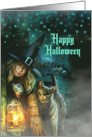 Halloween Witch with Black Cat and Lantern card