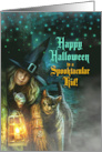 for Kids on Halloween Witch and Black Cat Creepy Night card