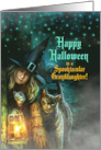 for Granddaughter Halloween Witch and Black Cat Spooky Night card