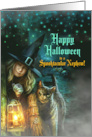 for Nephew on Halloween Witch and a Black Cat Spooky Night card