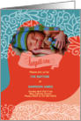Baptism Invitation Orange and Blue Swirls with Photo card