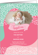 Baptism Invitation for Girls in Pink and Sea Green with Photo card